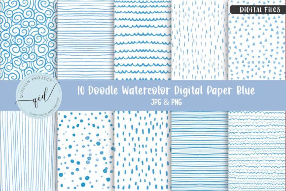 Download Doodle Watercolor Digital Paper Blue | 1 - Doodle Collection
