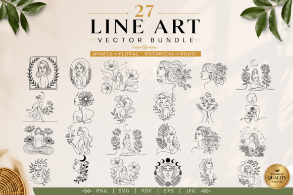 Download 27 Women Floral Line Art Bundle - Premium Resources
